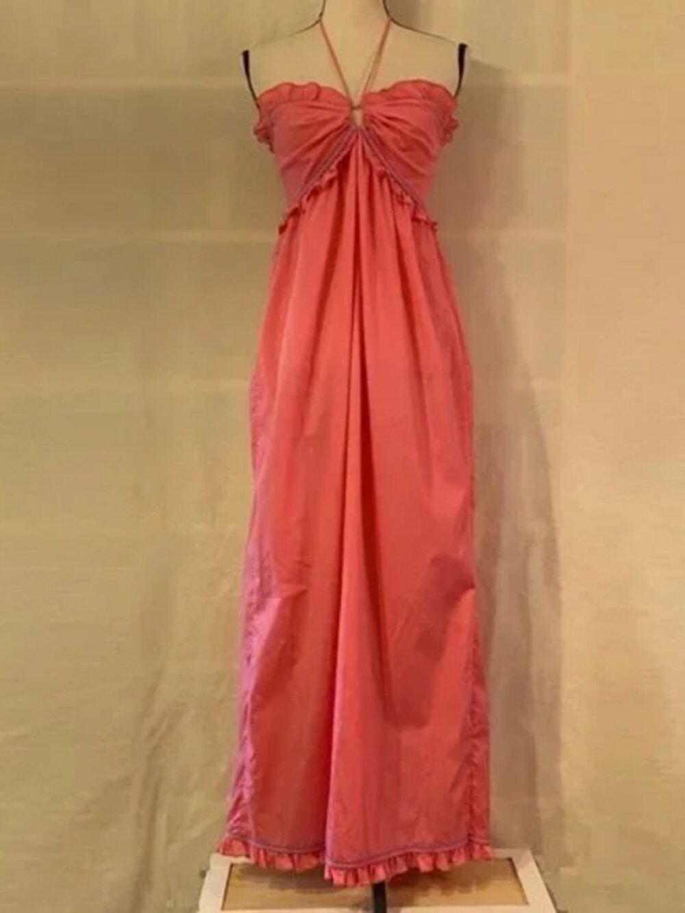 Vintage 70s 80s Bill Tice Lord & Taylor pink ruffle halter maxi dress